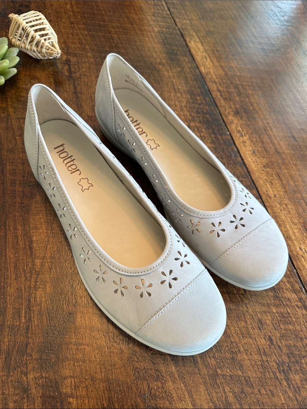 Hotter | Livvy Perforated Nubuck Leather Comfort Ballet Flats Gray, Size 9.5